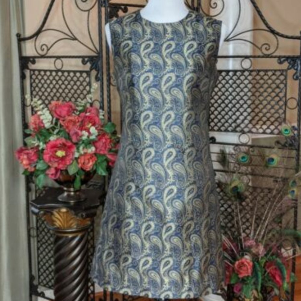 Navy Blue & Gold Paisley Brocade Sheath Dress